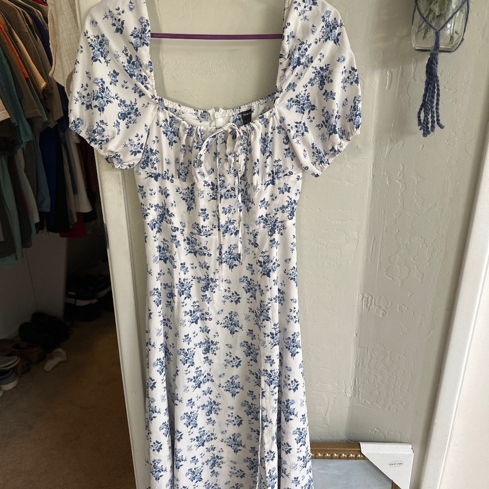White midi dress with blue flowers